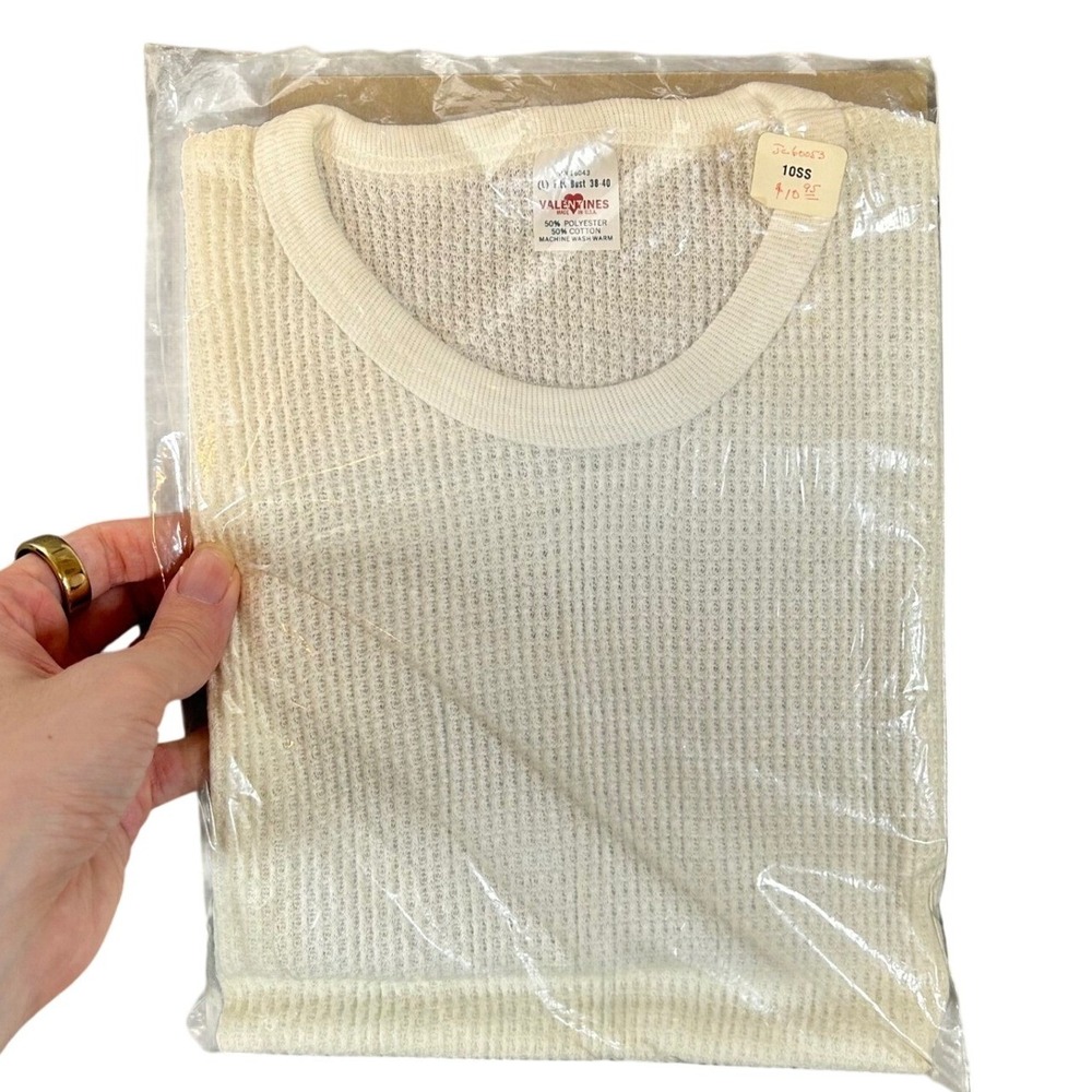 Vintage Valentines‎ Thermal Top Waffle Knit Off White Made in USA Large NOS 80s